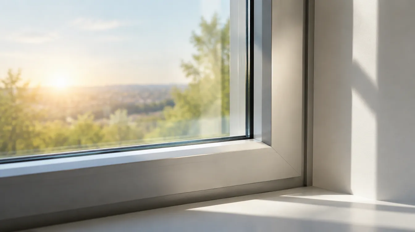 Close-up of a modern window corner with sunlight passing through the frame and glass